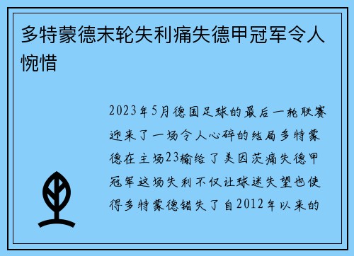 多特蒙德末轮失利痛失德甲冠军令人惋惜